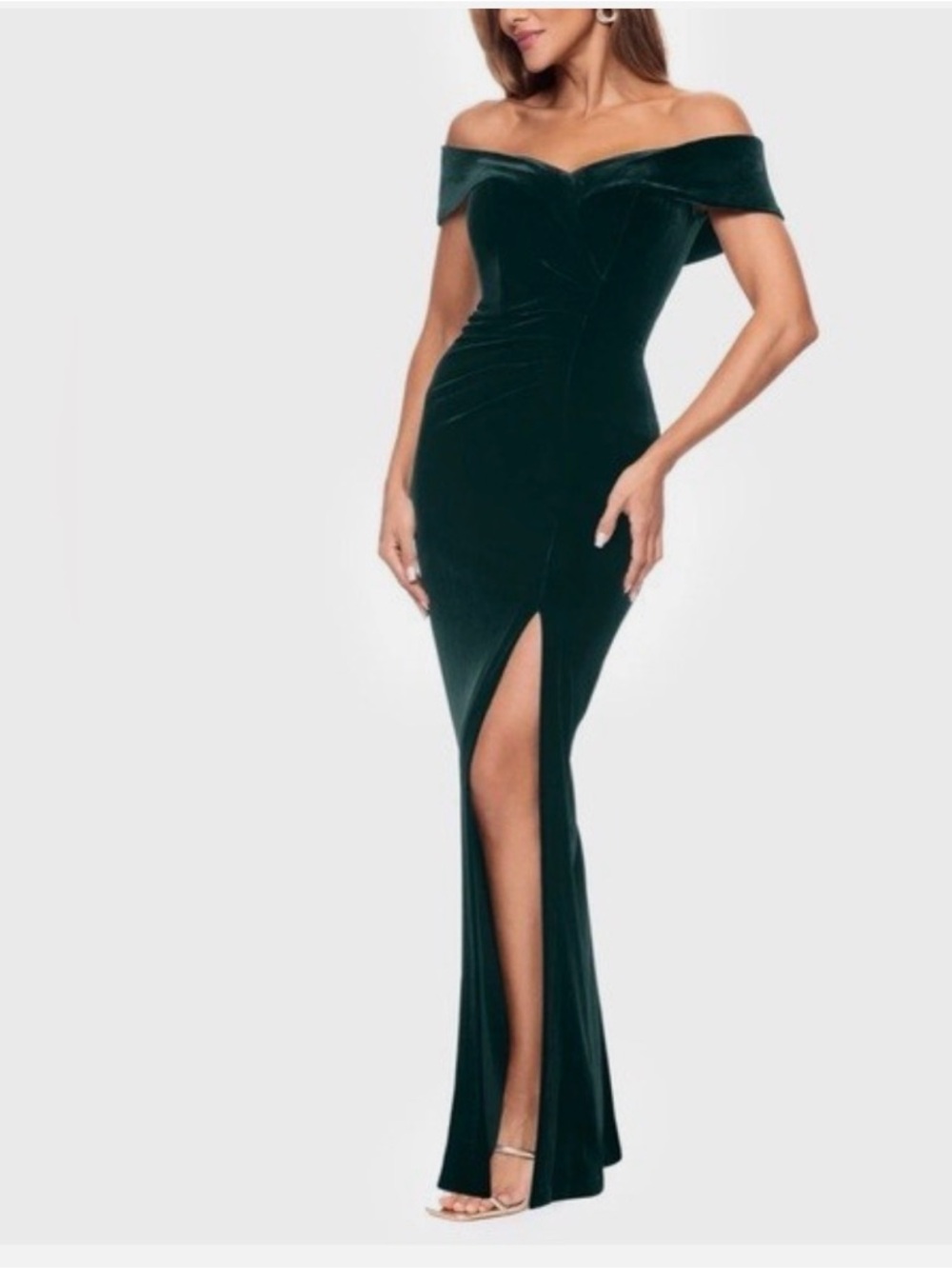 Xscape One-Shoulder Emerald Green Velvet Evening Gown